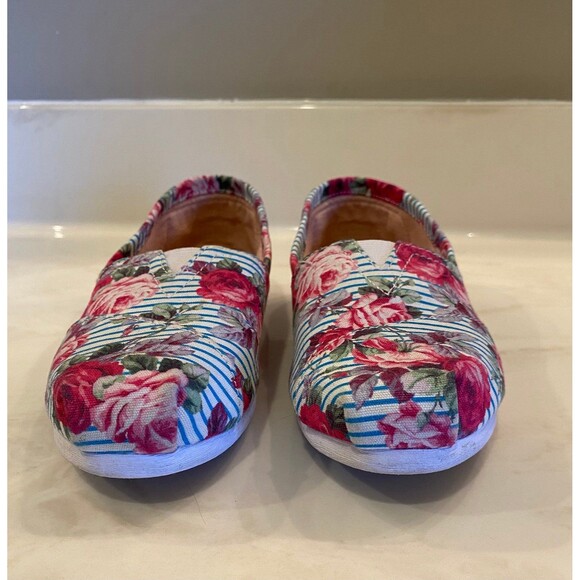Toms Classic Floral Striped w/ Roses Casual Comfortable Size W 5 Slip On Flats - Picture 4 of 8